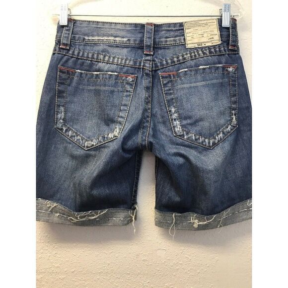 Button Denim Women Indigo M Cut Off Shorts Distressed Pockets - Picture 7 of 9